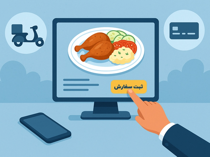 اینفوگرافیک سفارش آنلاین غذای شرکتی با آیکون‌های تحویل و پرداخت