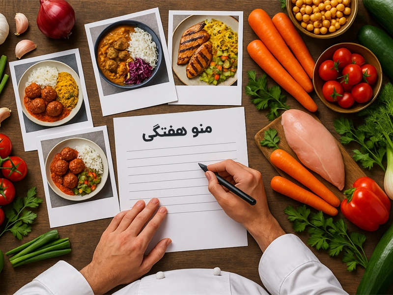 سرآشپز در حال برنامه‌ریزی منوی هفتگی شرکتی با کارت‌های دستور غذا و مواد اولیه