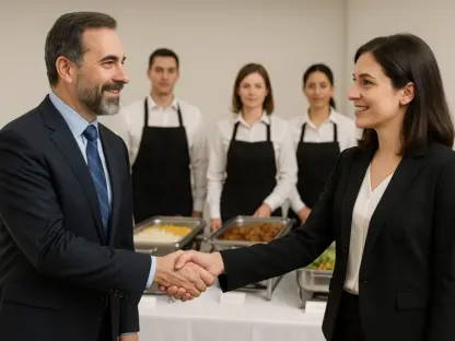 تصویری از قرارداد بین شرکت‌ها و کترینگ با دست دادن مدیران