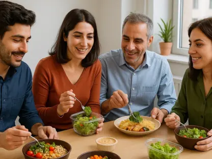 کارمندان در حال صرف غذای شرکتی و گفتگو در فضای استراحت